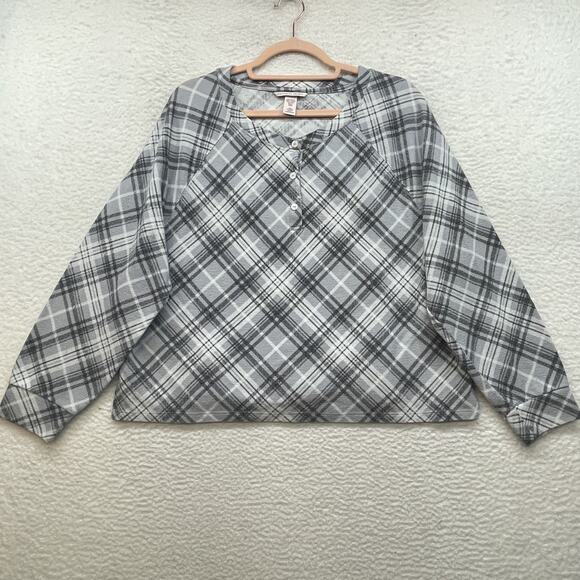 Victorias Secret Shirt Womens Large Gray Plaid Henley Thermal Long Sleeve Button - Picture 1 of 10
